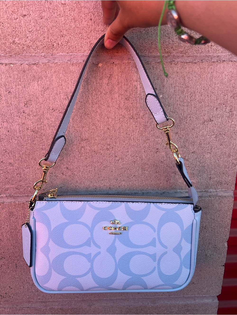 Coach Light Blue Signature Shoulder Bag with Gold Hardware